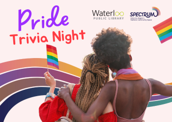 Pride Trivia Night graphic (two women stand together with pride flags)